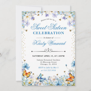 Blue and White Wildflowers & Butterflies Sweet 16 Invitation