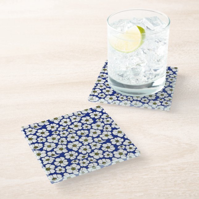Blue And White Wildflowers Glass Coaster (Angled)
