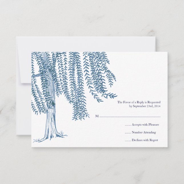 Blue and White Willow Tree Wedding RSVP Card (Front)