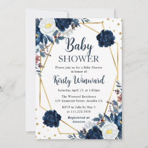 Blue and White Winter Flowers Frame Baby Shower Invitation