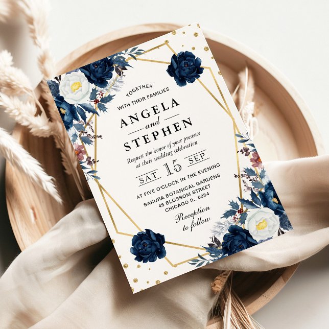 Blue and White Winter Flowers Gold Frame Wedding Invitation (Creator Uploaded)