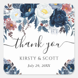 Blue and White Winter Flowers Wedding Square Sticker