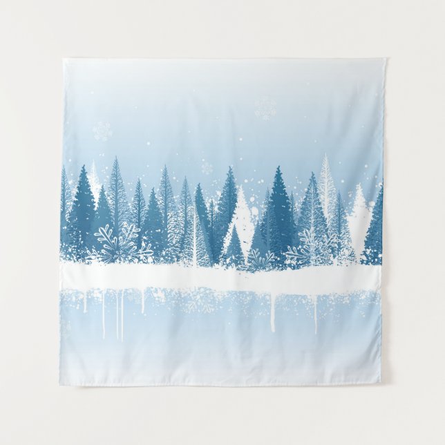 Blue and white winter forest grunge paint design tapestry (Front)