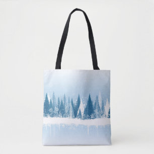 Blue and white winter forest grunge paint design tote bag