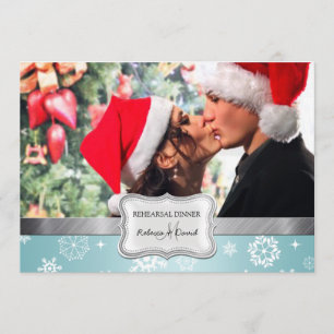 Blue and White Winter Wedding Rehearsal Dinner Invitation