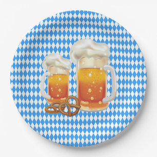 Blue and White with Beer Steins Oktoberfest Paper Plate