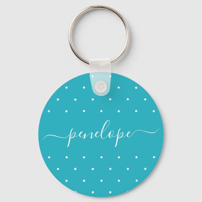 Blue and White with Dots and Name Typography Key Ring (Front)