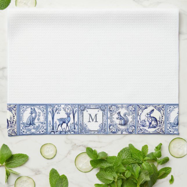 Blue and White Woodland Tiles Custom Monogram Tea Towel (Folded)