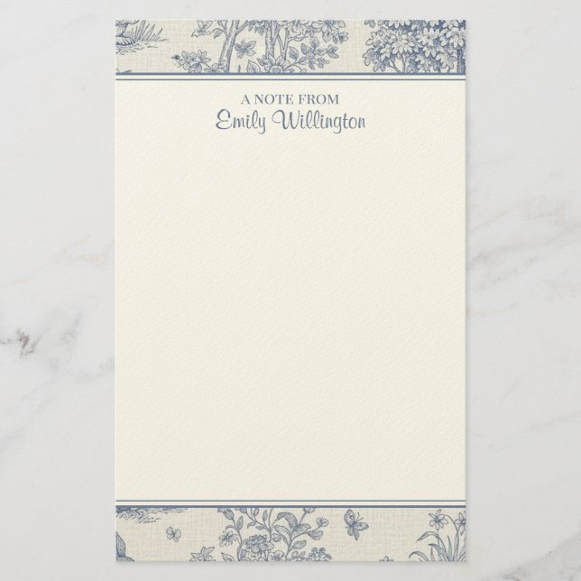 Blue and White Woodland Toile Pattern Personalized Stationery (Front)