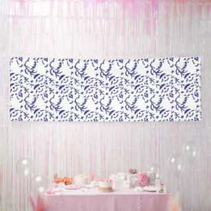 Blue and white wrapping paper featuring a graphic  banner