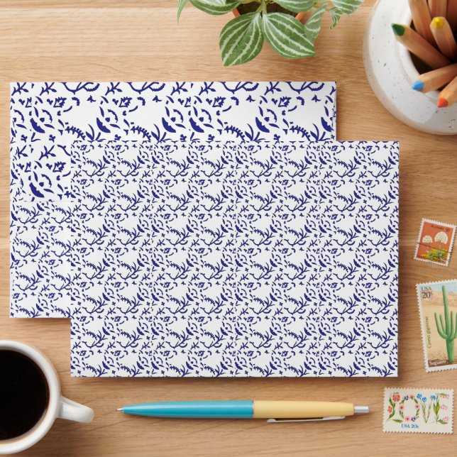 Blue and white wrapping paper featuring a graphic  envelope (Desk)