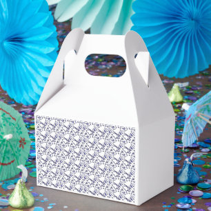 Blue and white wrapping paper featuring a graphic  favour box