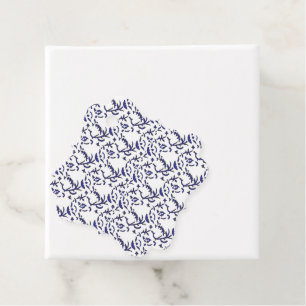 Blue and white wrapping paper featuring a graphic favour tags