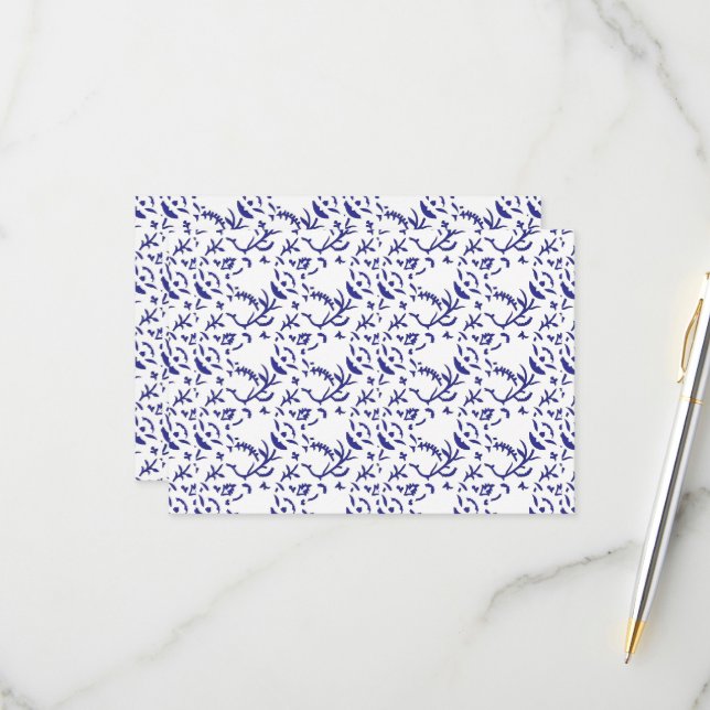 Blue and white wrapping paper featuring a graphic  RSVP card (Front/Back In Situ)
