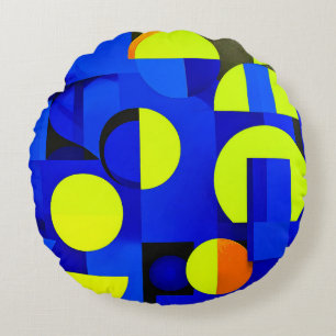 Blue and yellow abstract blocks round cushion