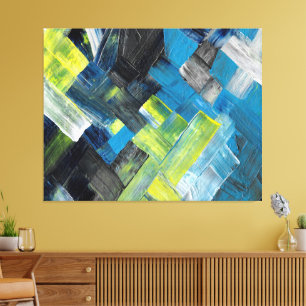 Blue and Yellow Abstract Brushstroke Geometric Canvas Print