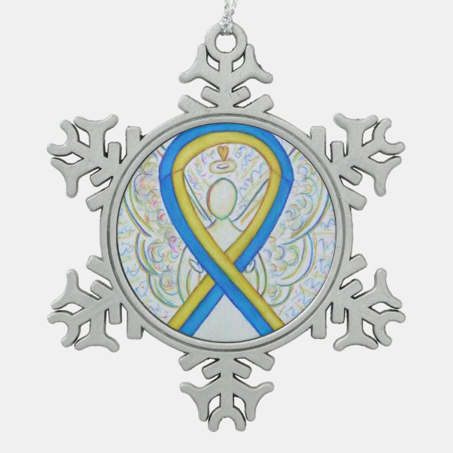 Blue and Yellow Awareness Ribbon Angel Ornament (Front)