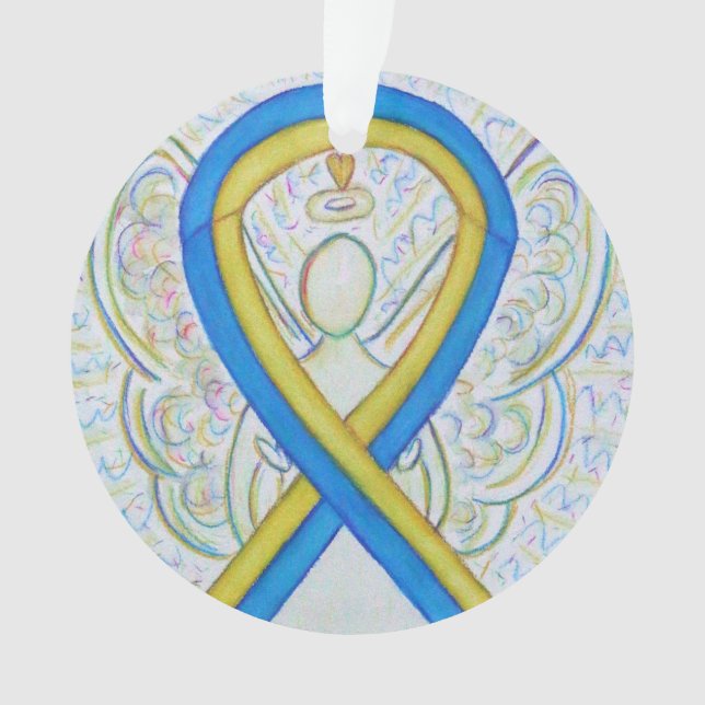 Blue and Yellow Awareness Ribbon Custom Ornaments (Front)