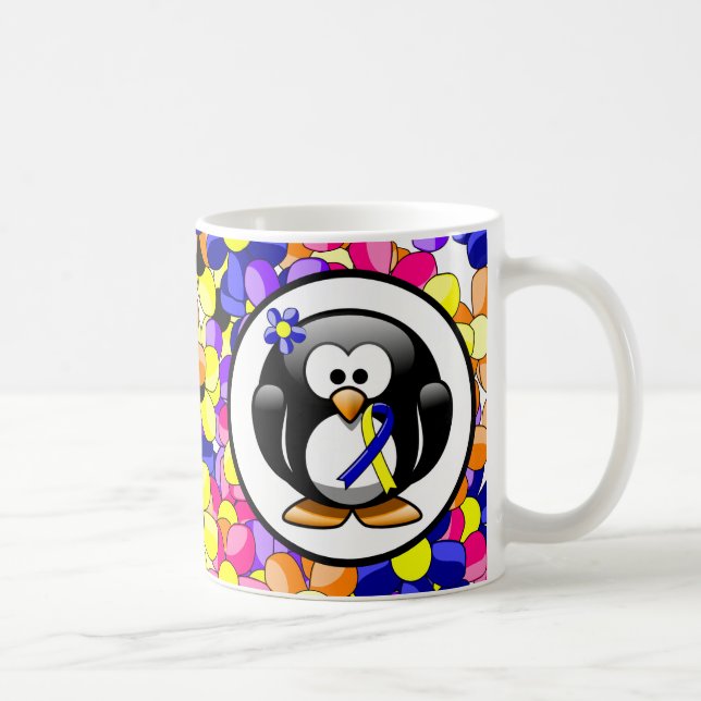 Blue and Yellow Awareness Ribbon Penguin Coffee Mug (Right)