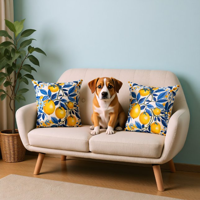  💛💙 Blue and yellow Azulejos with lemons Cushion (Blue and yellow Azulejos with lemons Throw Pillow)