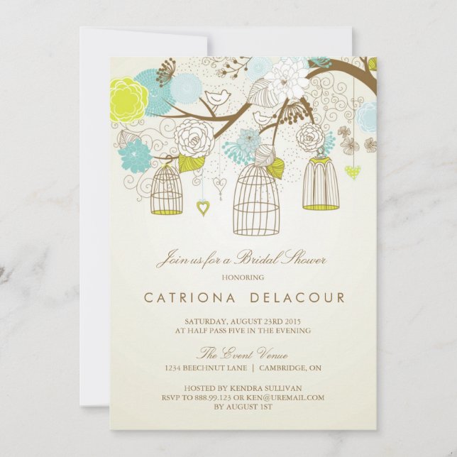 BLUE AND YELLOW BIRDCAGES BRIDAL SHOWER INVITATION (Front)