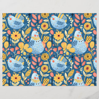 Blue and yellow boho chicken seamless pattern