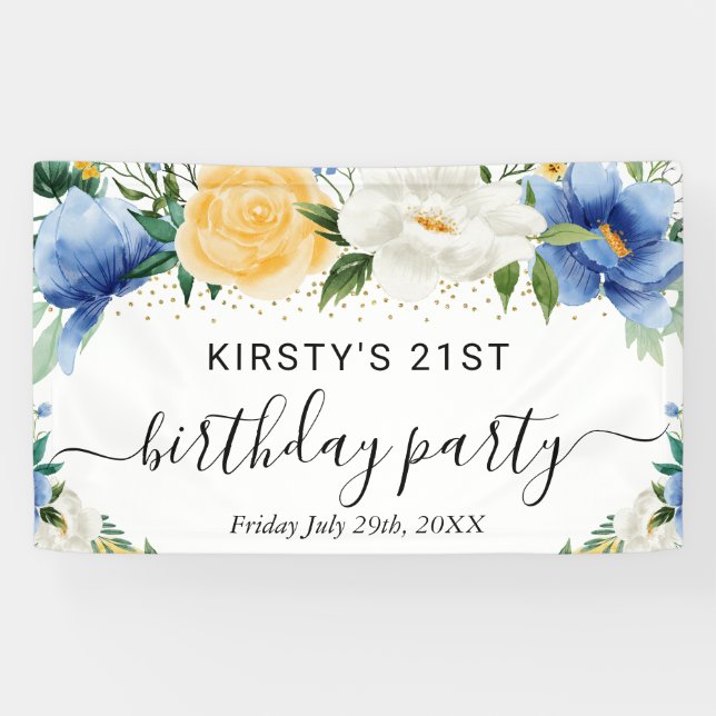 Blue and Yellow Boho Flowers Birthday Welcome Banner (Horizontal)