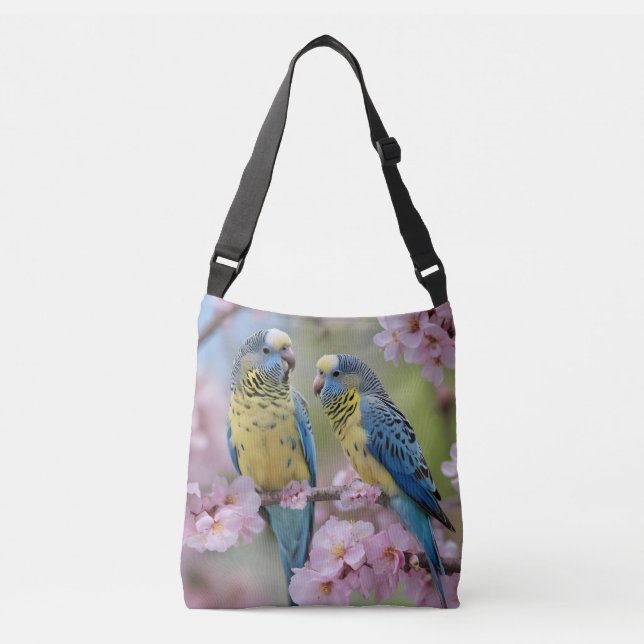 Blue And Yellow Budgies In Pink Blossom Tree, Crossbody Bag (Front)