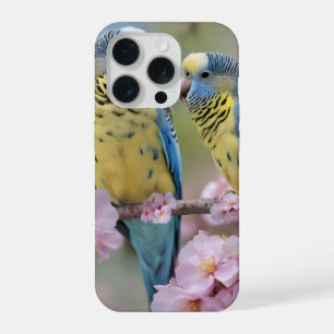 Blue And Yellow Budgies In Pink Blossom Tree, iPhone 15 Pro Case