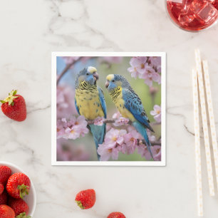 Blue And Yellow Budgies In Pink Blossom Tree, Napkin