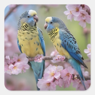 Blue And Yellow Budgies In Pink Blossom Tree, Square Sticker
