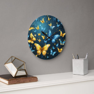 Blue And Yellow Butterflies Flying, Large Clock