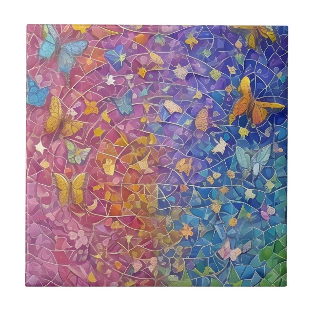 Blue and Yellow Butterflies Pretty Colourful Mosai Tile (Front)