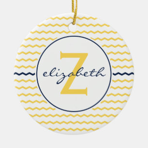Blue and Yellow Chevron Monogram Ceramic Tree Decoration
