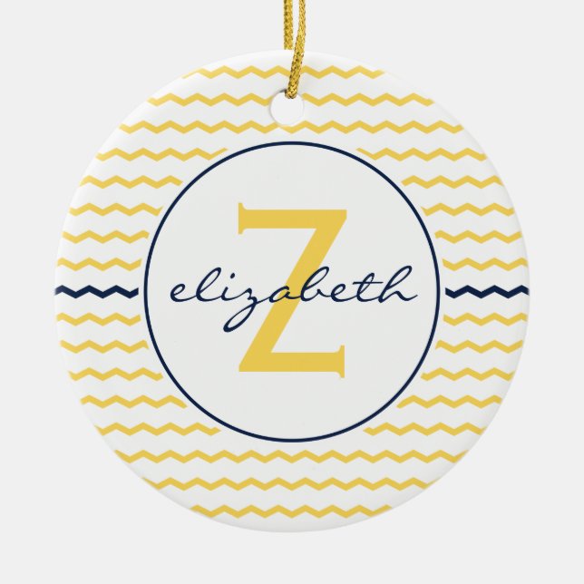 Blue and Yellow Chevron Monogram Ceramic Tree Decoration (Front)