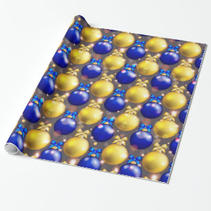 Blue and Yellow Christmas Balls with Bows Wrapping Paper