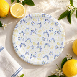 Blue and Yellow Citrus Lemon Pattern Paper Plate