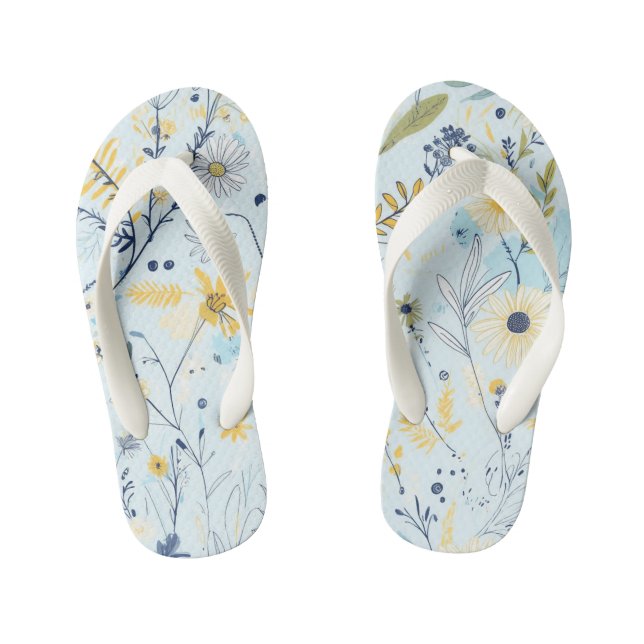 Blue and Yellow Daisy Pattern Kid's Jandals (Footbed)