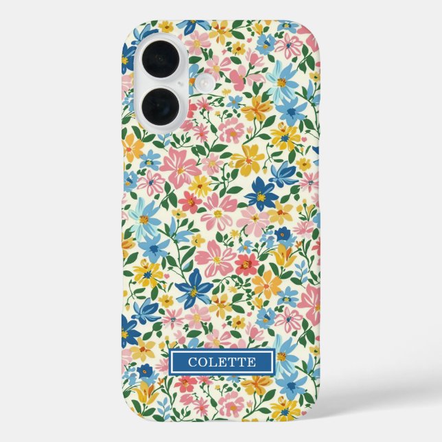 Blue and Yellow Ditsy Flowers Monogrammed Case-Mate iPhone Case (Back)