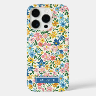Blue and Yellow Ditsy Flowers Monogrammed iPhone 16 Pro Case