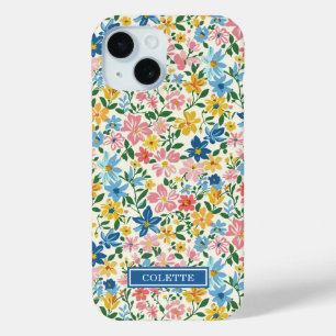 Blue and Yellow Ditsy Flowers Monogrammed iPhone 15 Case
