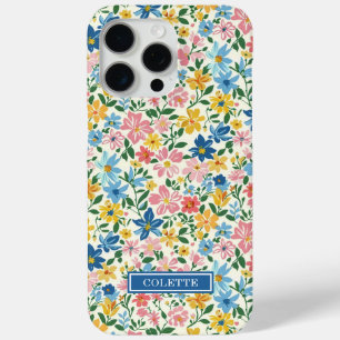 Blue and Yellow Ditsy Flowers Monogrammed iPhone 15 Pro Max Case