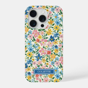 Blue and Yellow Ditsy Flowers Monogrammed iPhone 15 Pro Case