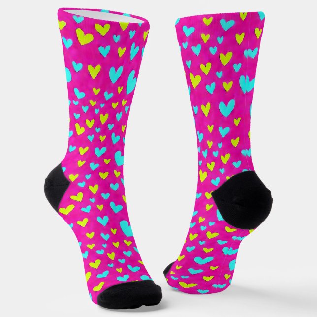 Blue and Yellow Doodle Heart Socks (Angled)
