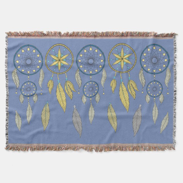Blue and Yellow Dream Catchers Throw Blanket (Front)