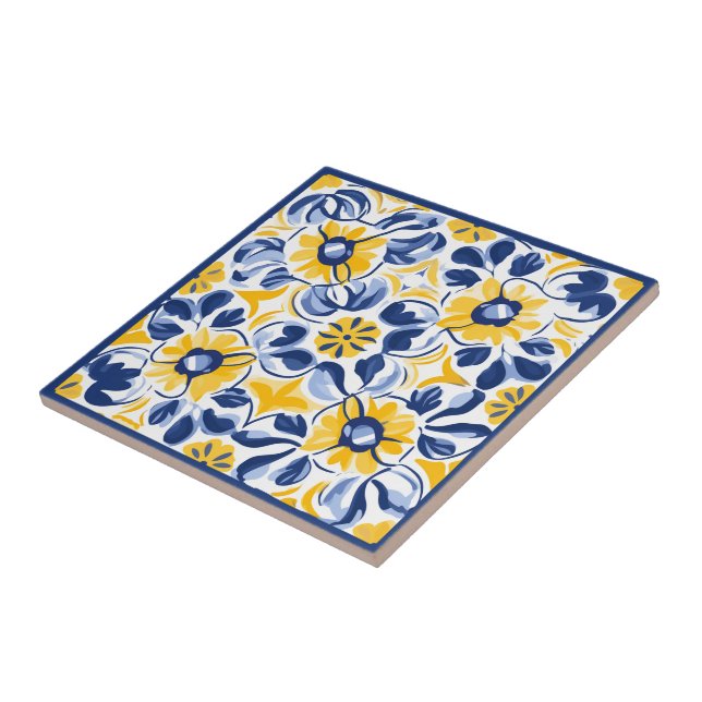  💛💙 Blue and yellow, floral Azulejos  Tile (Side)