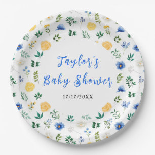 Blue and Yellow Floral Baby Shower Paper Plate