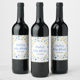 Blue and Yellow Floral Baby Shower Wine Label