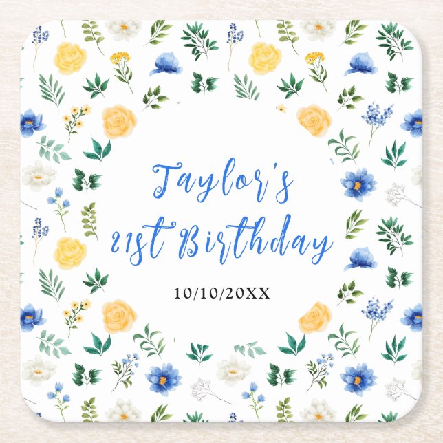 Blue and Yellow Floral Birthday Square Paper Coaster (Front)