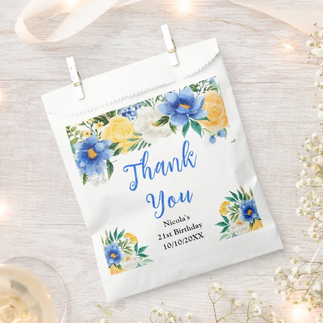 Blue and Yellow Floral Birthday Thank You Favour Bags (Clipped)